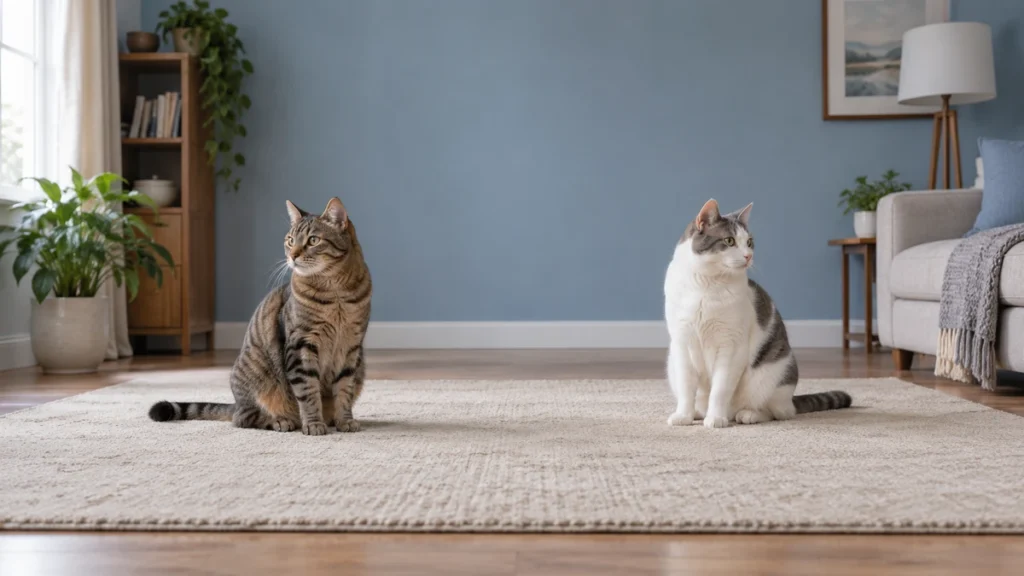Brown tabby and white-and-gray cat sitting apart on a rug in a spacious living room.