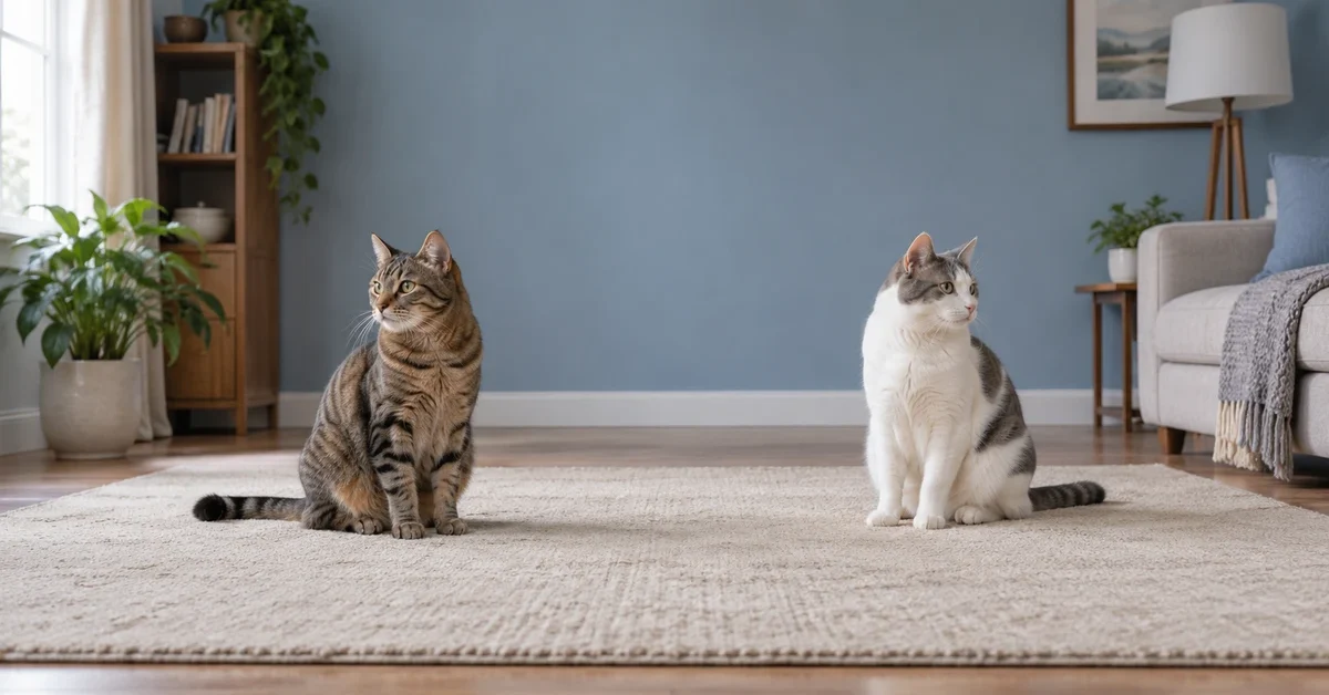 Brown tabby and white-and-gray cat sitting apart on a rug in a spacious living room.