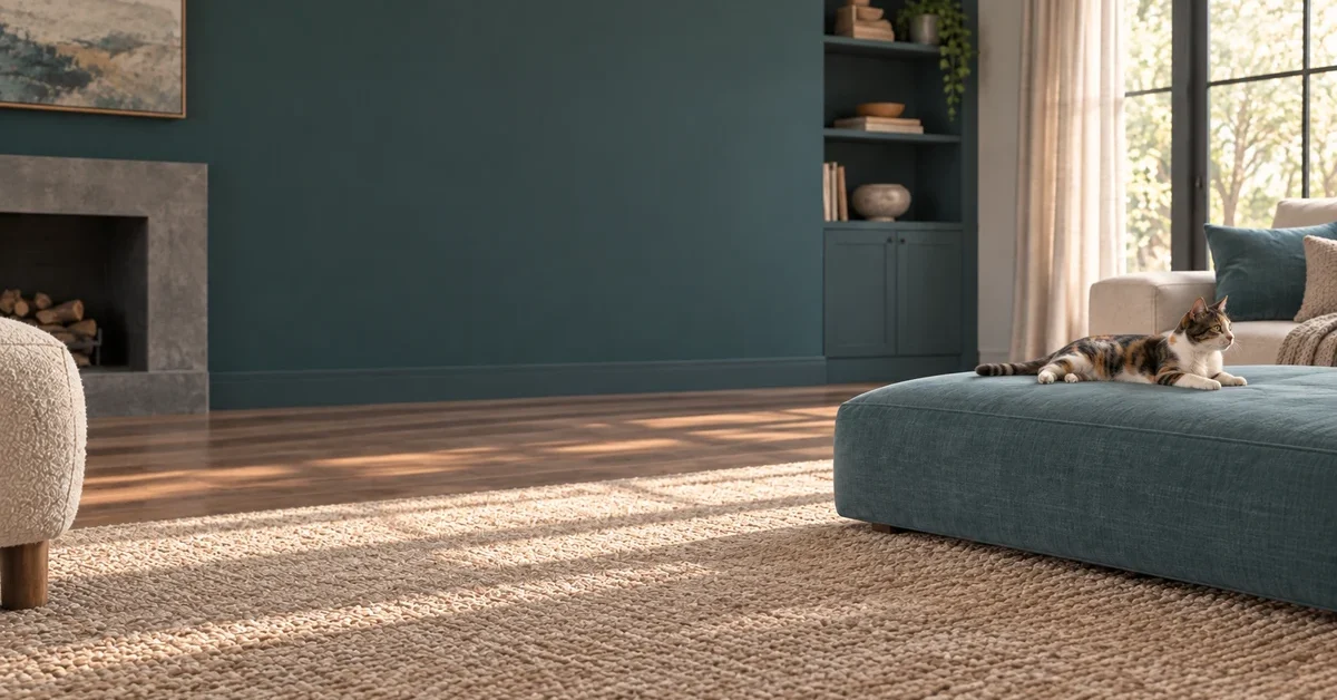 Calico cat reclining on a low teal ottoman with its head turned toward the room.