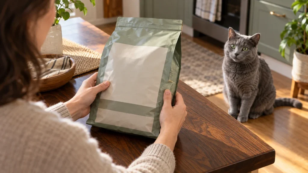 Owner inspecting a plain food bag at a walnut table with a gray cat seated nearby.