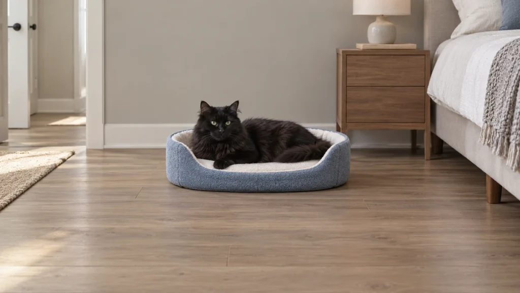Black longhaired cat resting in a blue bed with a low open front on a bedroom floor.