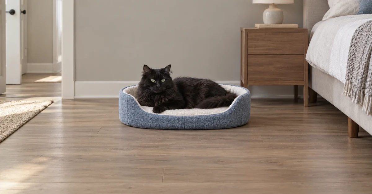 Black longhaired cat resting in a blue bed with a low open front on a bedroom floor.