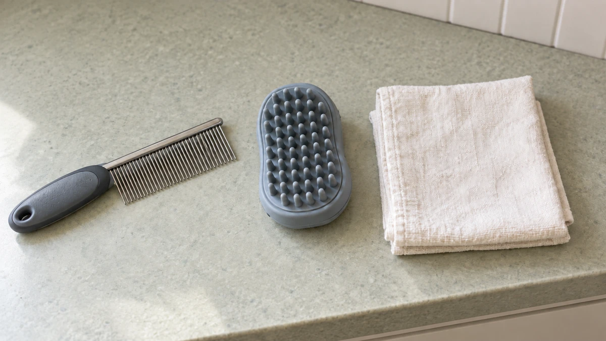 Clean metal grooming comb and gray-blue rubber cat brush beside a folded cloth on a sage counter.
