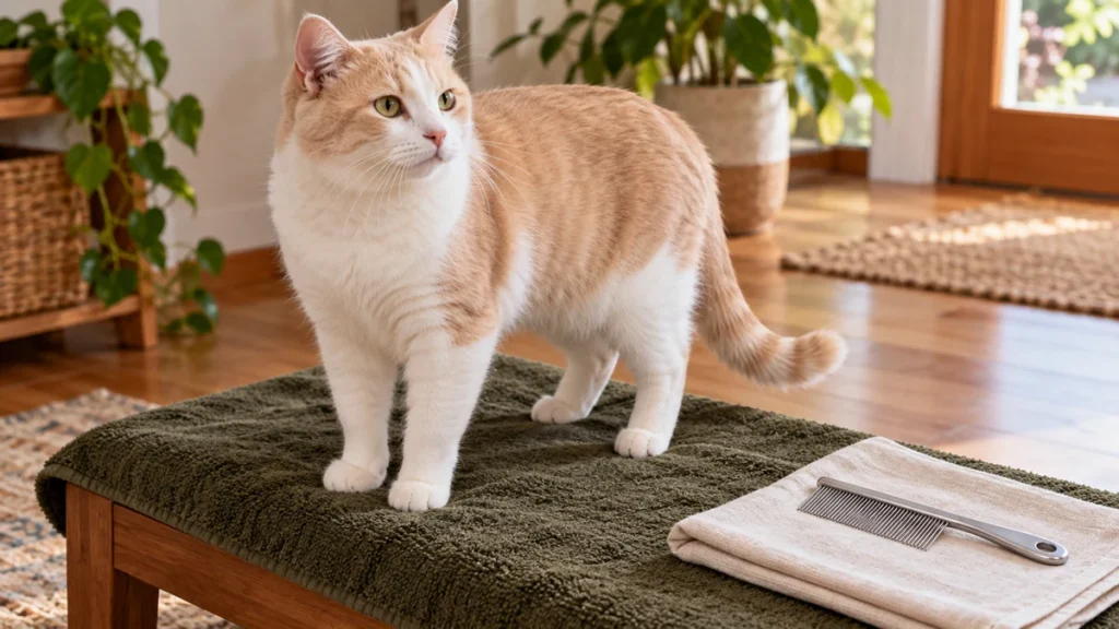 Cream-and-white cat on an olive towel beside a fine-toothed metal comb.
