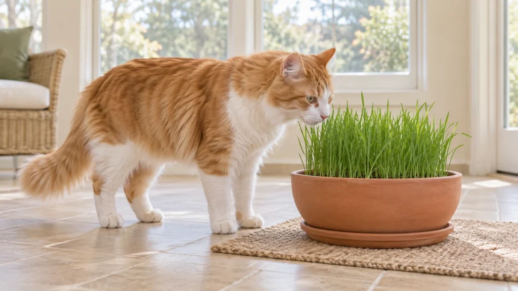 Orange-and-white cat sniffing young grass in a broad terracotta-colored planter on an indoor floor.