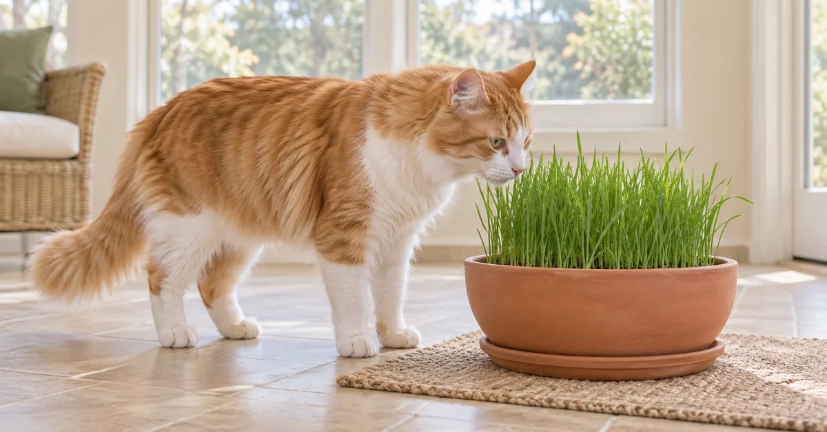 Orange-and-white cat sniffing young grass in a broad terracotta-colored planter on an indoor floor.