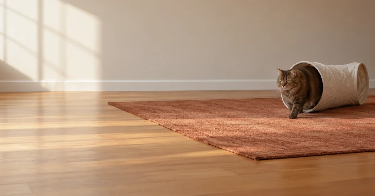 Brown long-haired cat emerging from a plain fabric tunnel on a rust-colored rug.