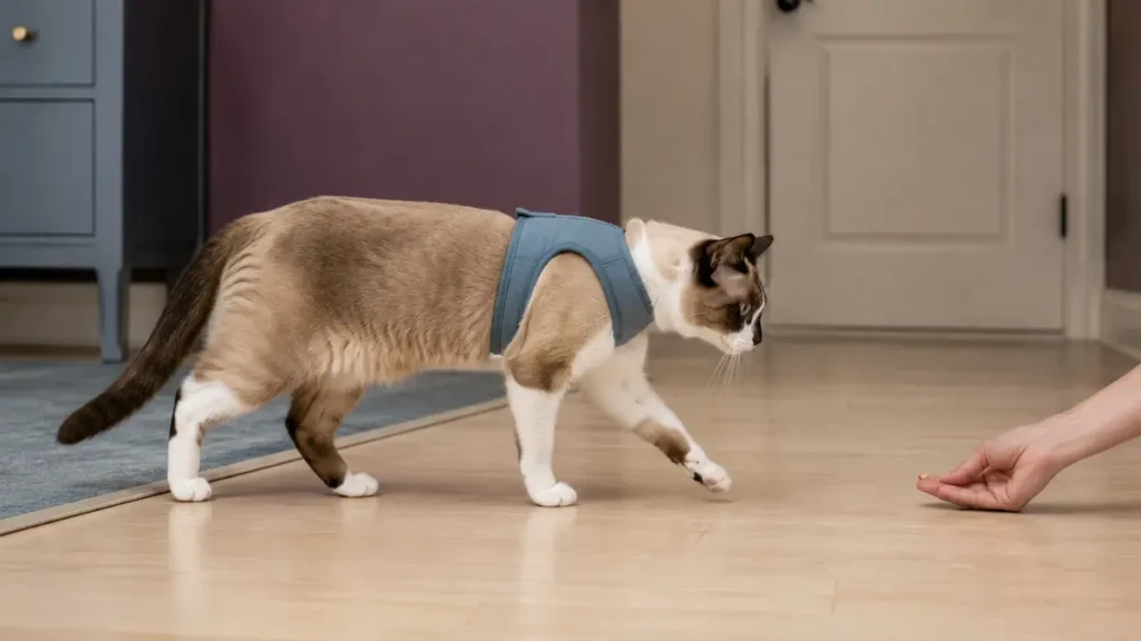 Seal-point and white cat walking indoors in a harness as a caregiver offers a treat.
