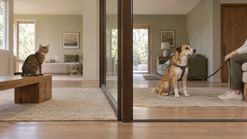 Brown tabby on a bench, separated by a closed glass partition from a dog on a held leash.