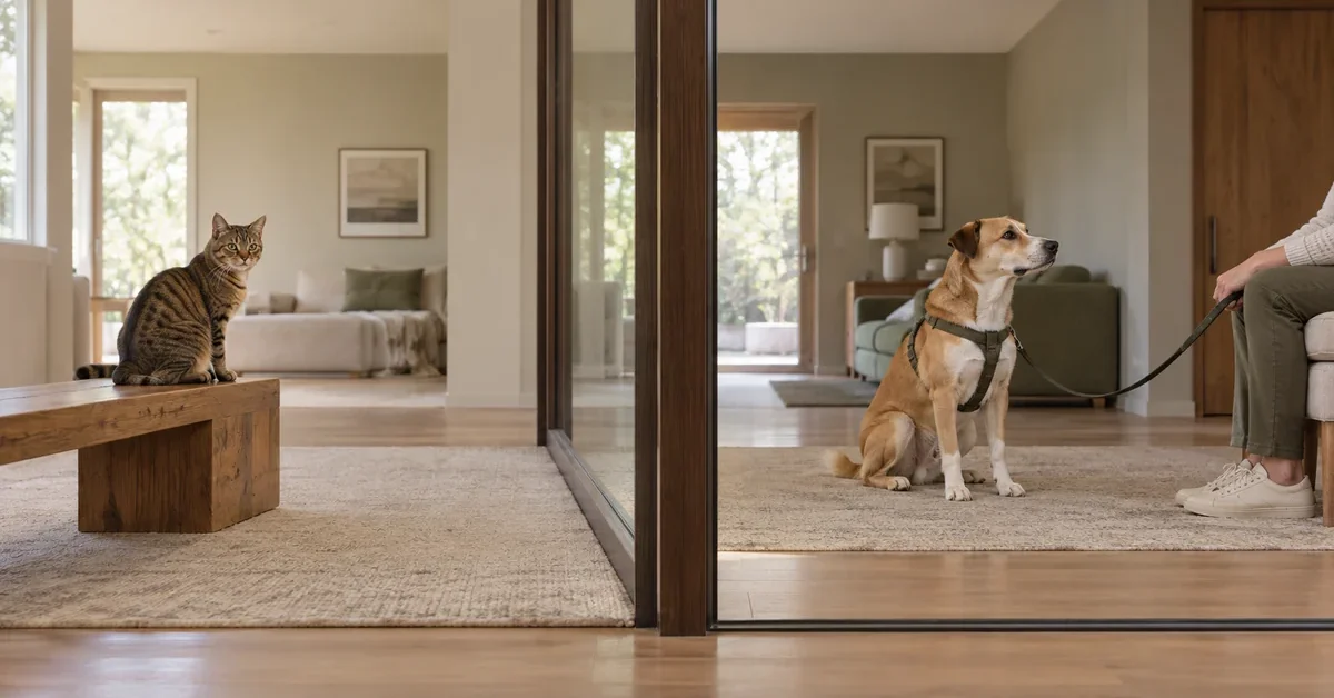 Brown tabby on a bench, separated by a closed glass partition from a dog on a held leash.