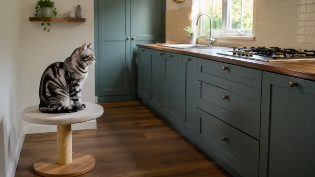 Silver tabby cat sitting on a stable perch outside a cleared kitchen.