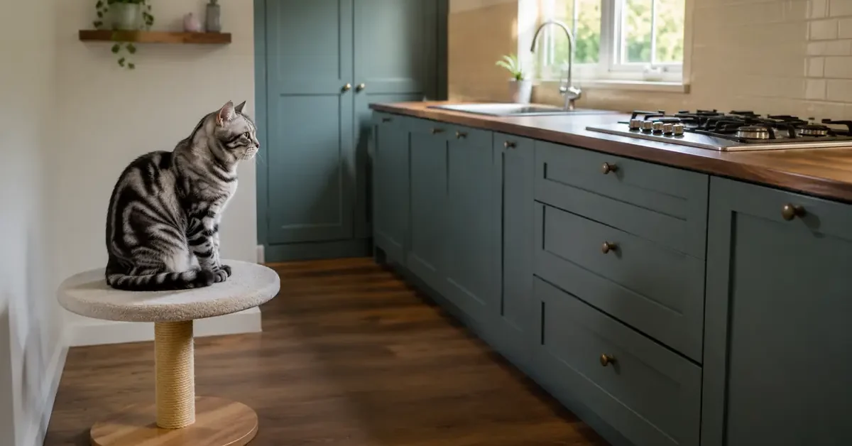 Silver tabby cat sitting on a stable perch outside a cleared kitchen.