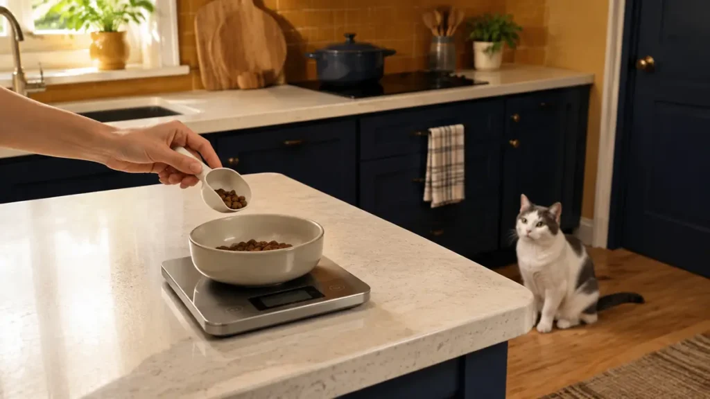 White-and-gray cat waits on the kitchen floor while dry food is weighed in a bowl on a digital scale.
