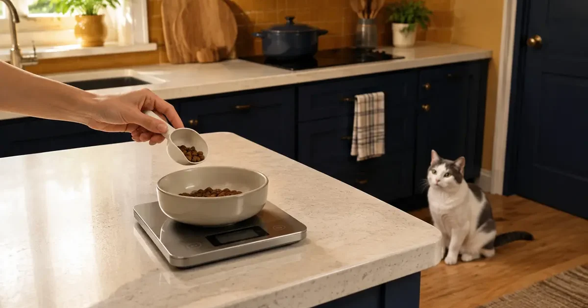 White-and-gray cat waits on the kitchen floor while dry food is weighed in a bowl on a digital scale.