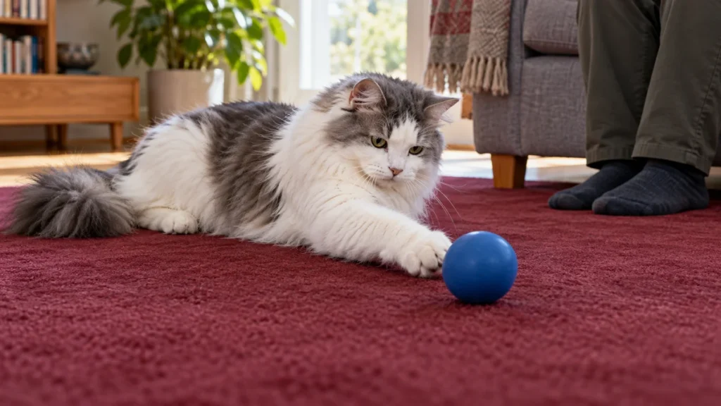White-and-gray longhaired cat reaching toward a blue ball on a burgundy rug, with a person nearby.