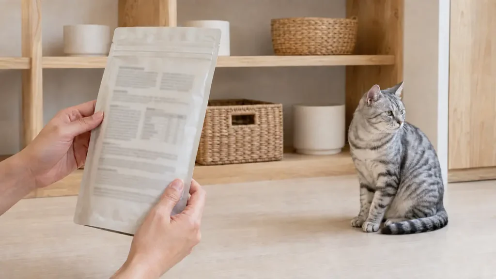 Silver mackerel tabby beside a caregiver examining an unbranded cat food label