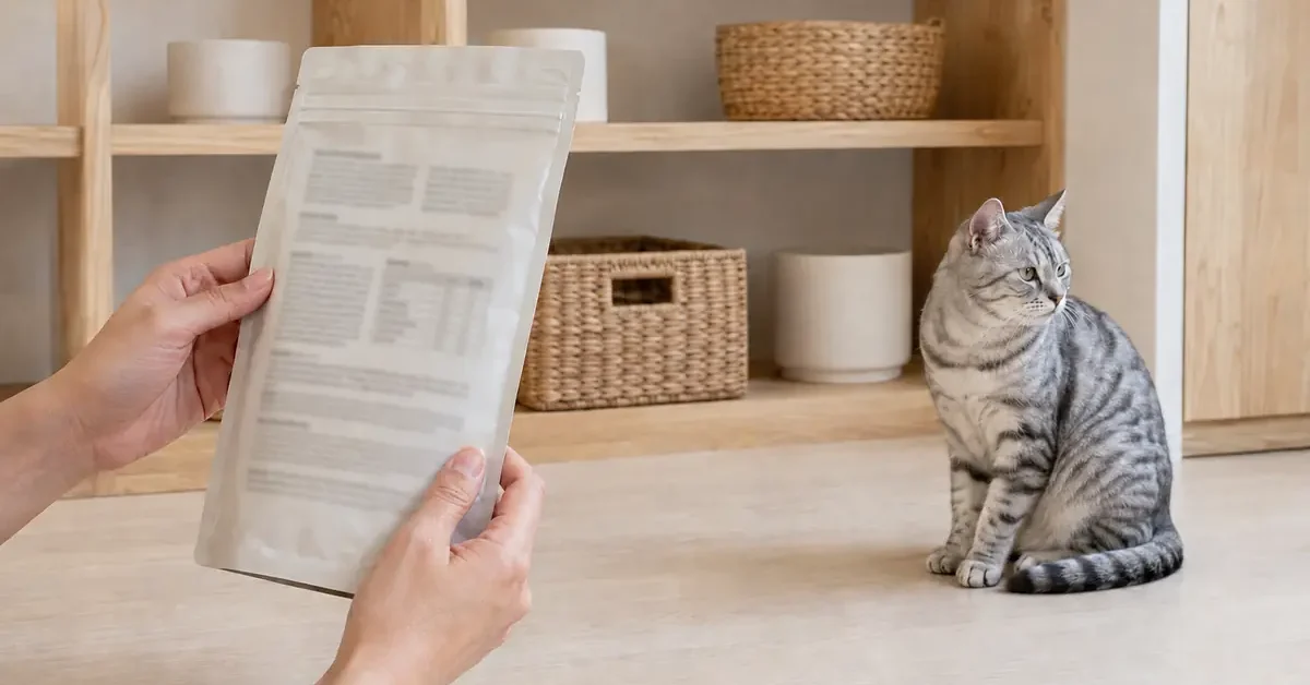 Silver mackerel tabby beside a caregiver examining an unbranded cat food label