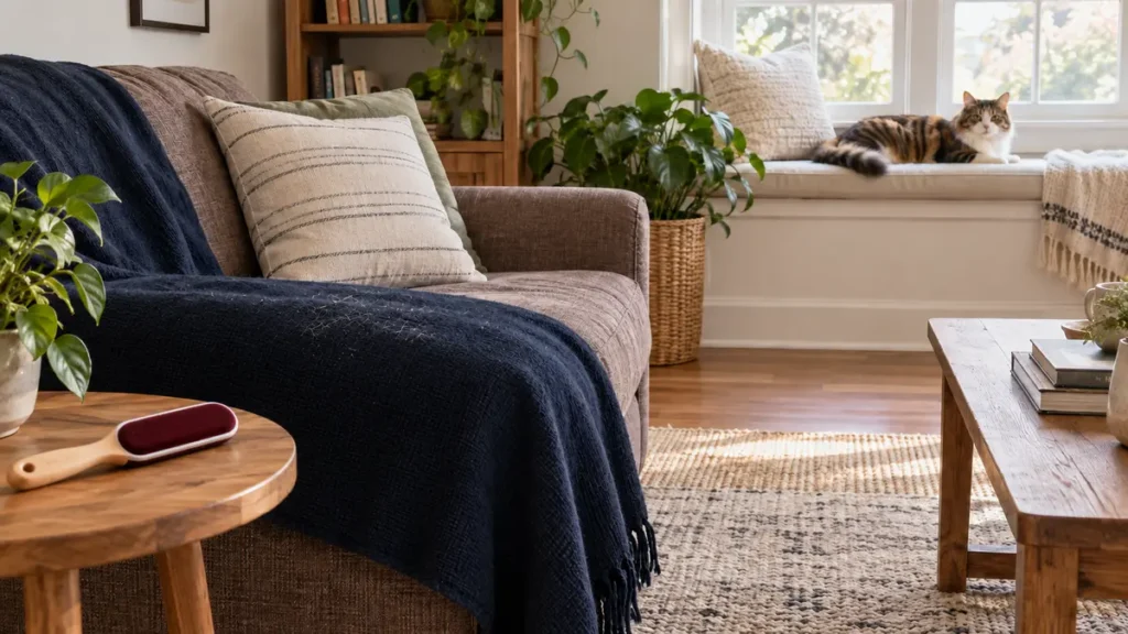 Calico cat resting on a window seat, with loose cat hair visible on a navy sofa throw in the foreground.