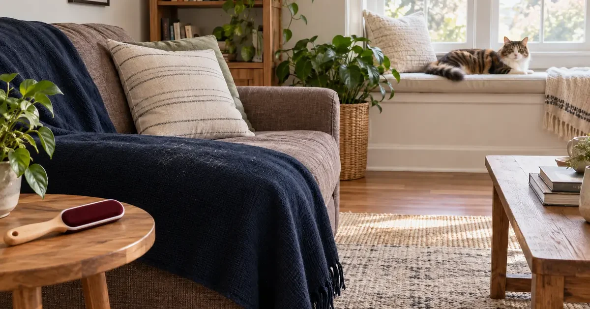 Calico cat resting on a window seat, with loose cat hair visible on a navy sofa throw in the foreground.