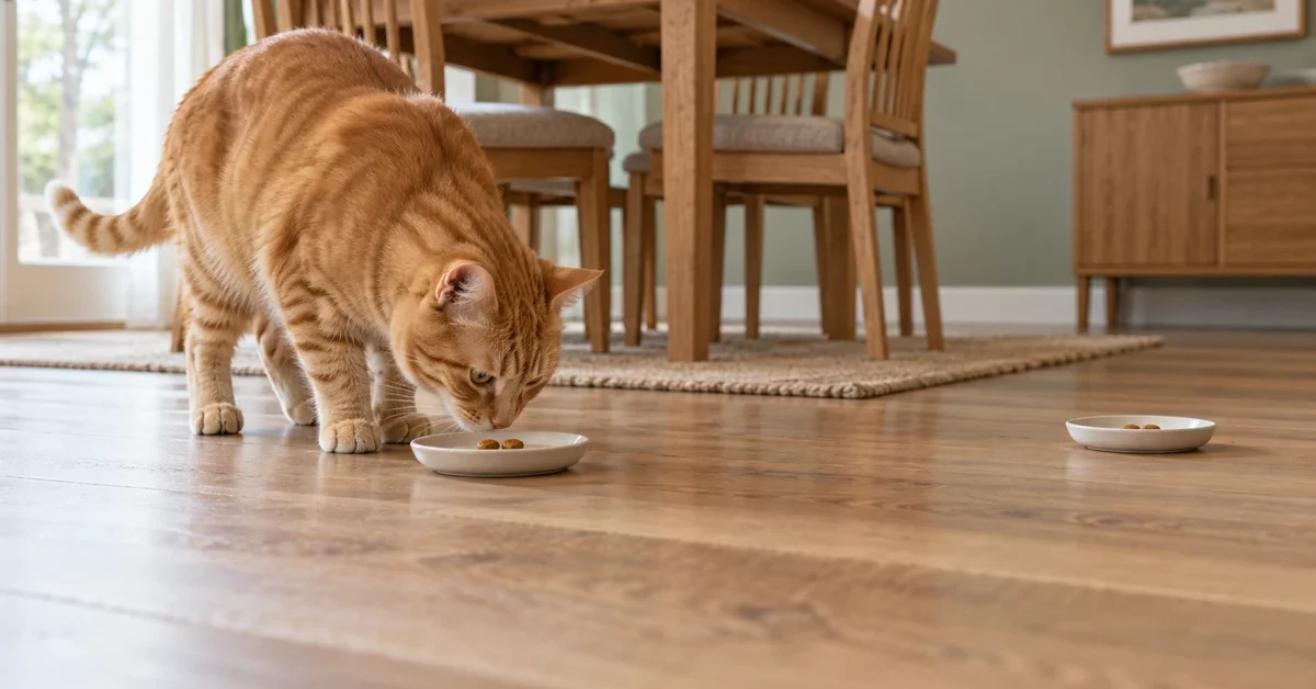 Ginger tabby sniffing food in a shallow dish, with a second dish nearby on a clear dining-room floor.
