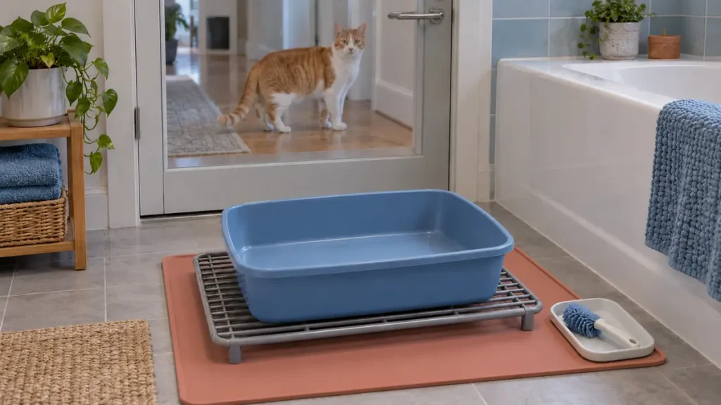 Empty litter tray drying beside a bathtub, with an orange-and-white cat behind a closed glass door.