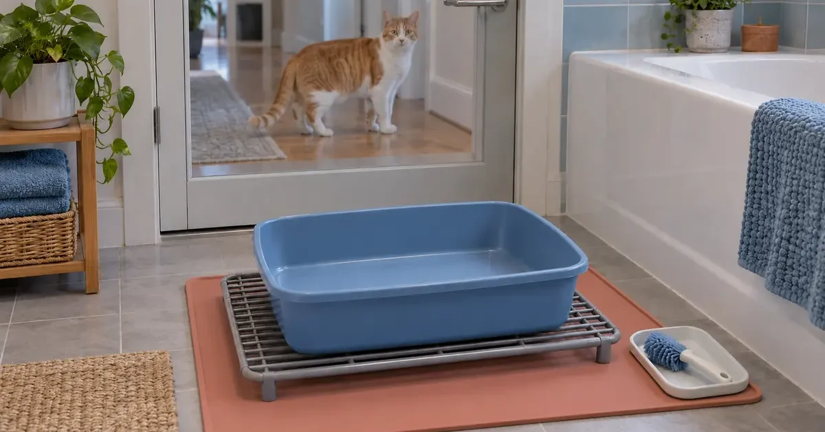 Empty litter tray drying beside a bathtub, with an orange-and-white cat behind a closed glass door.
