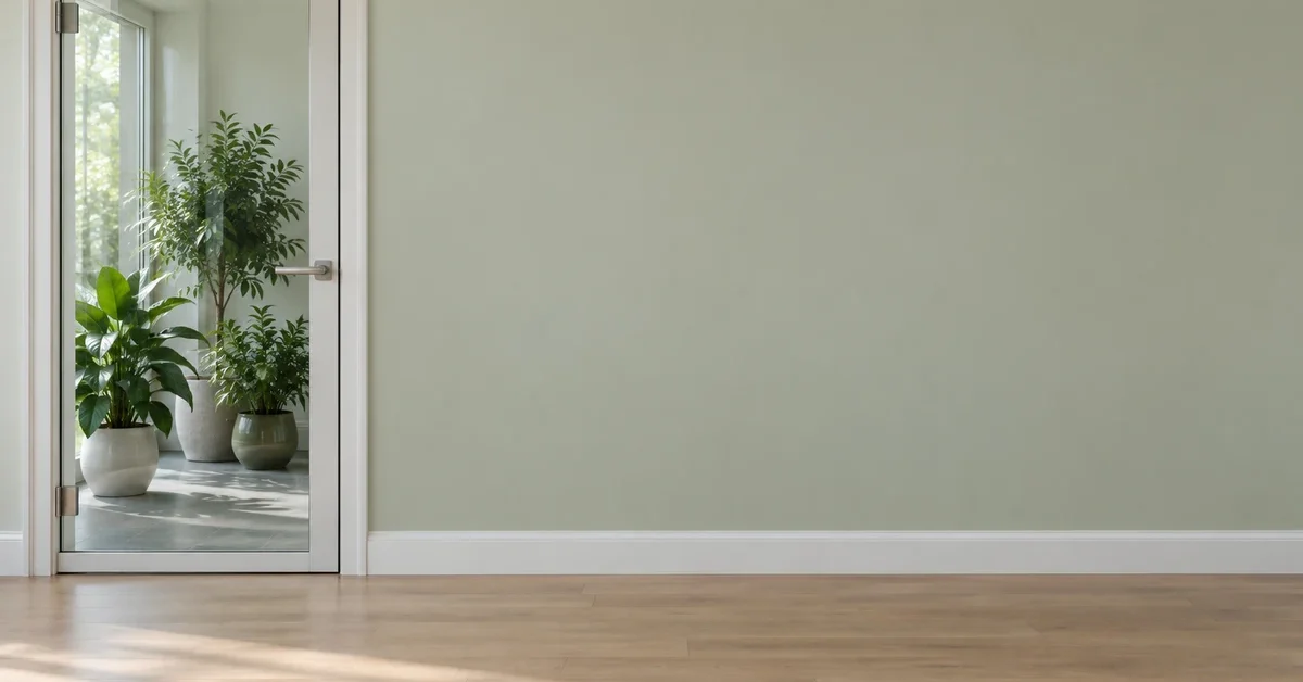 Closed glass door separating potted houseplants from an empty hallway.