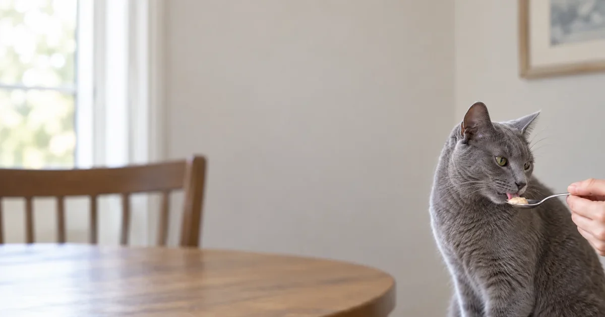 Blue-gray cat licking a small serving of purée from a shallow spoon held by a cropped hand.