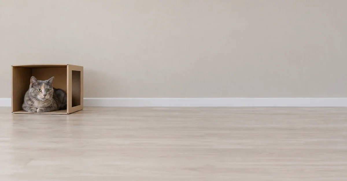Dilute tortoiseshell cat resting inside a cardboard box with open front and side entrances.