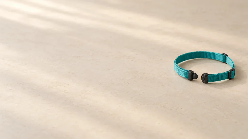 An unfastened teal cat collar with separated rounded clasp ends on a pale tabletop.