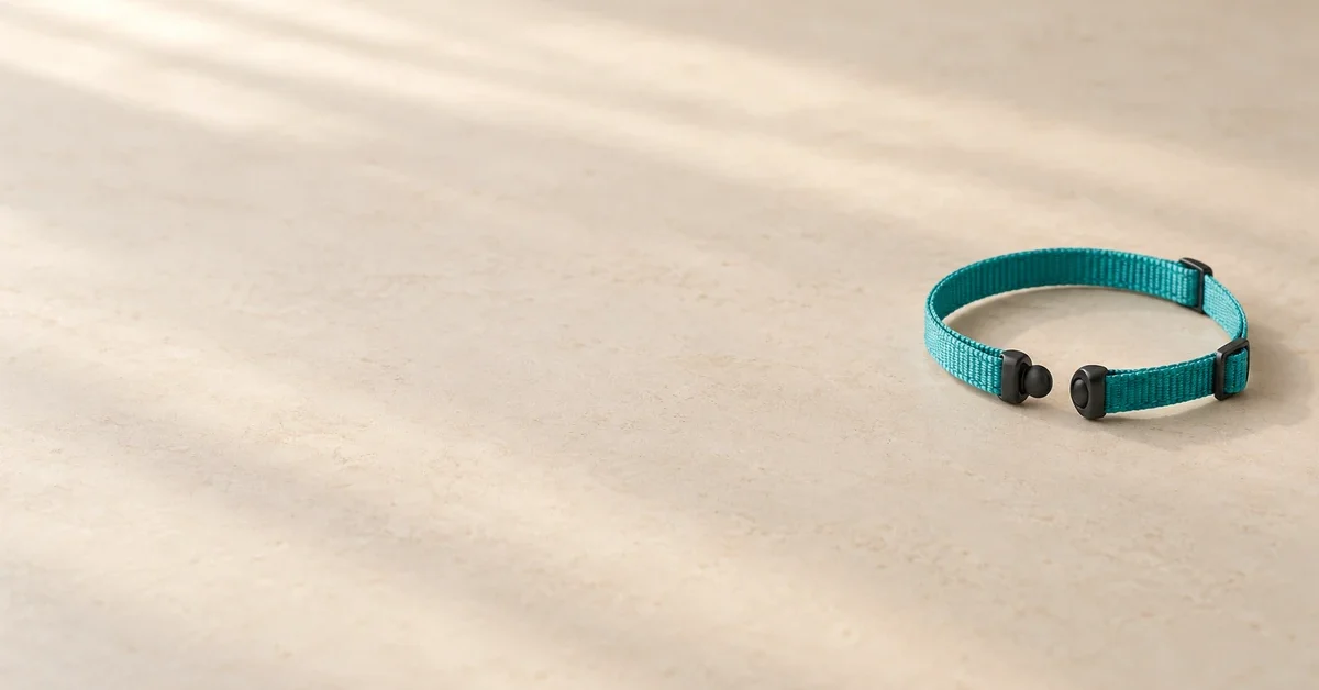 An unfastened teal cat collar with separated rounded clasp ends on a pale tabletop.