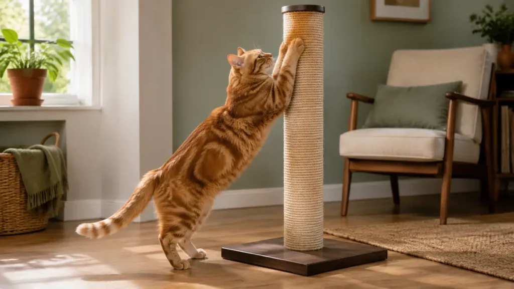 Orange tabby cat stretching against a tall scratching post in a calm sunlit living room