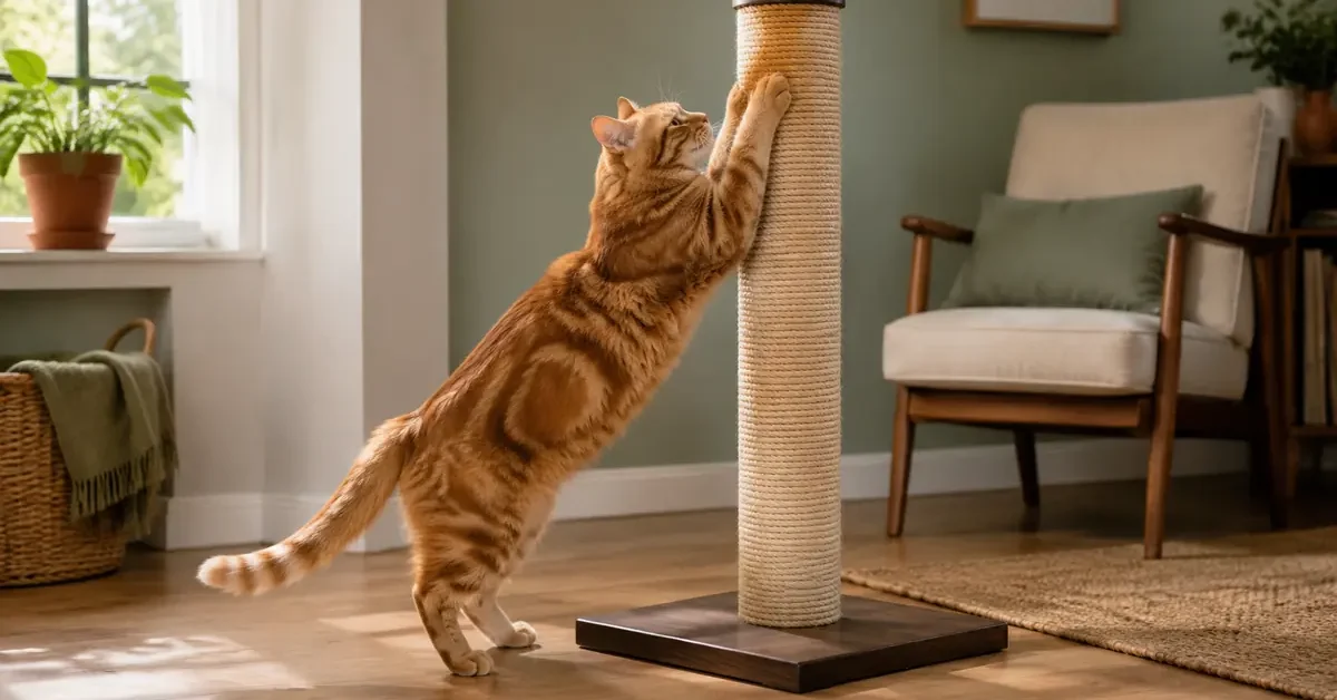 Orange tabby cat stretching against a tall scratching post in a calm sunlit living room