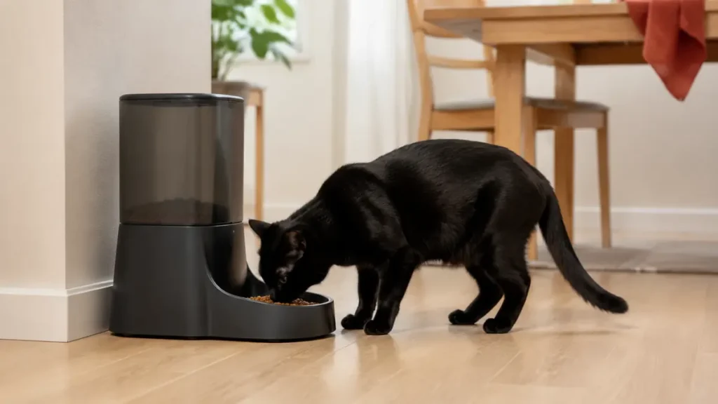 Black cat eating a small portion of dry food from a clean automatic feeder in a bright home dining area.