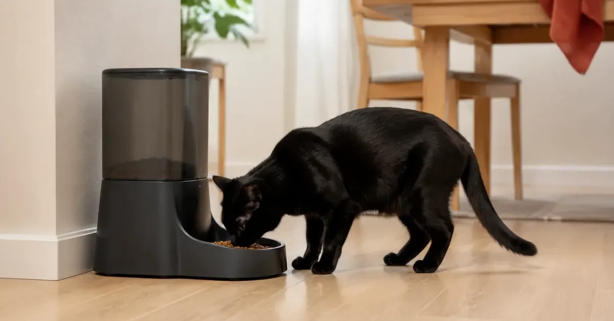 Black cat eating a small portion of dry food from a clean automatic feeder in a bright home dining area.