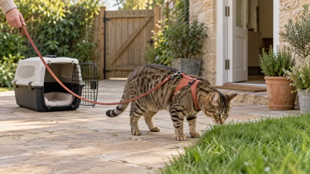 Brown spotted tabby exploring a quiet enclosed garden on a slack leash beside an open carrier