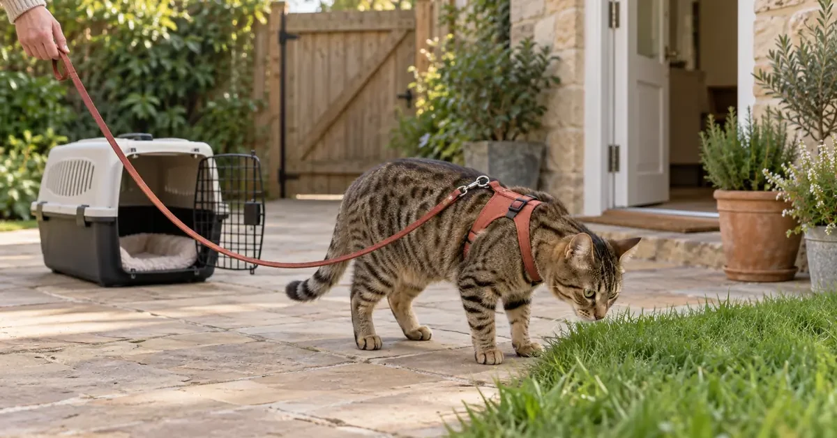 Brown spotted tabby exploring a quiet enclosed garden on a slack leash beside an open carrier