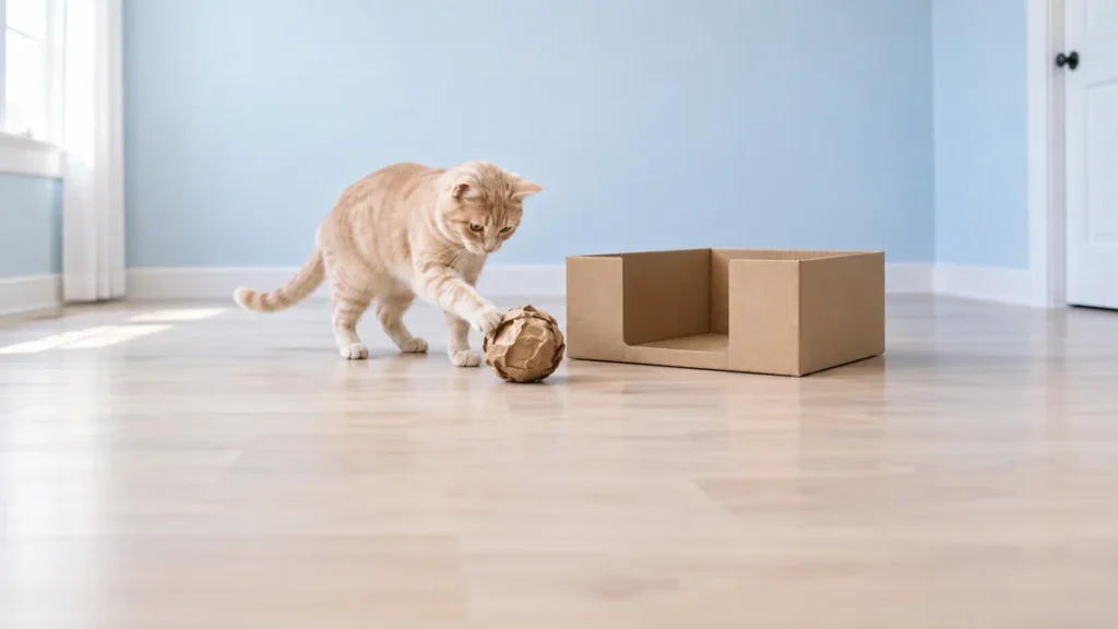 Cream tabby batting a crumpled paper ball beside an open cardboard box with a wide low entrance.