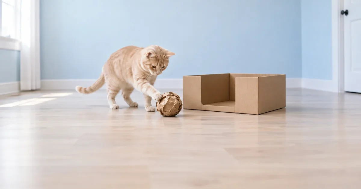 Cream tabby batting a crumpled paper ball beside an open cardboard box with a wide low entrance.