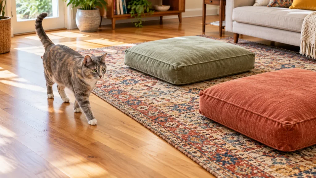 Cat walking along an open floor beside two low cushions in a sunny living room.
