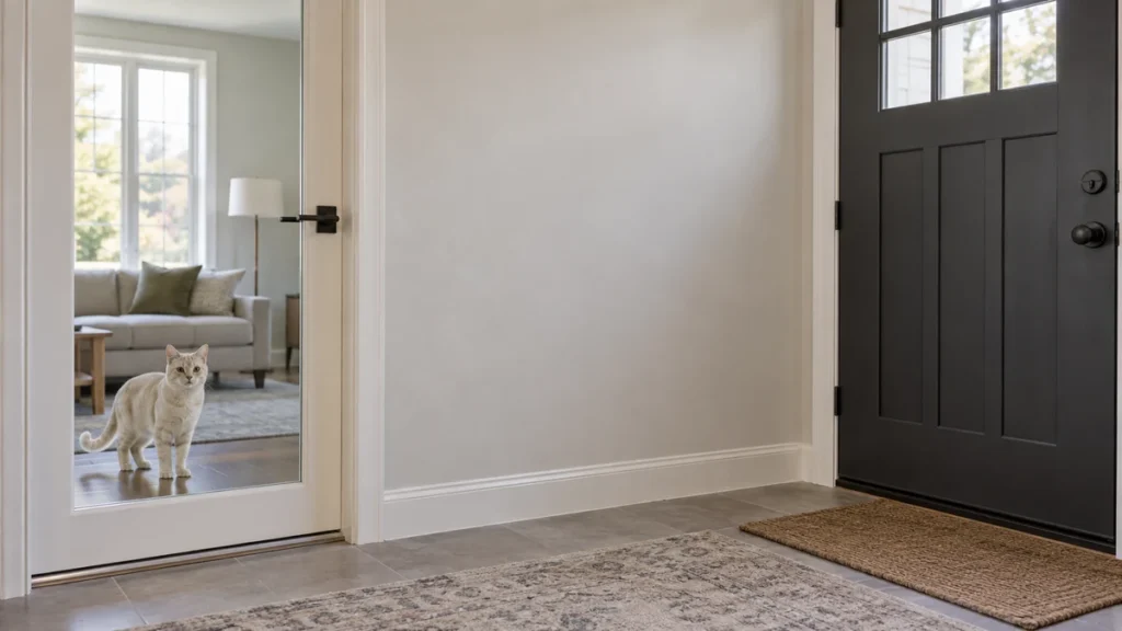 Cream cat standing behind a closed glass interior door beside an entrance hall with a closed front door.