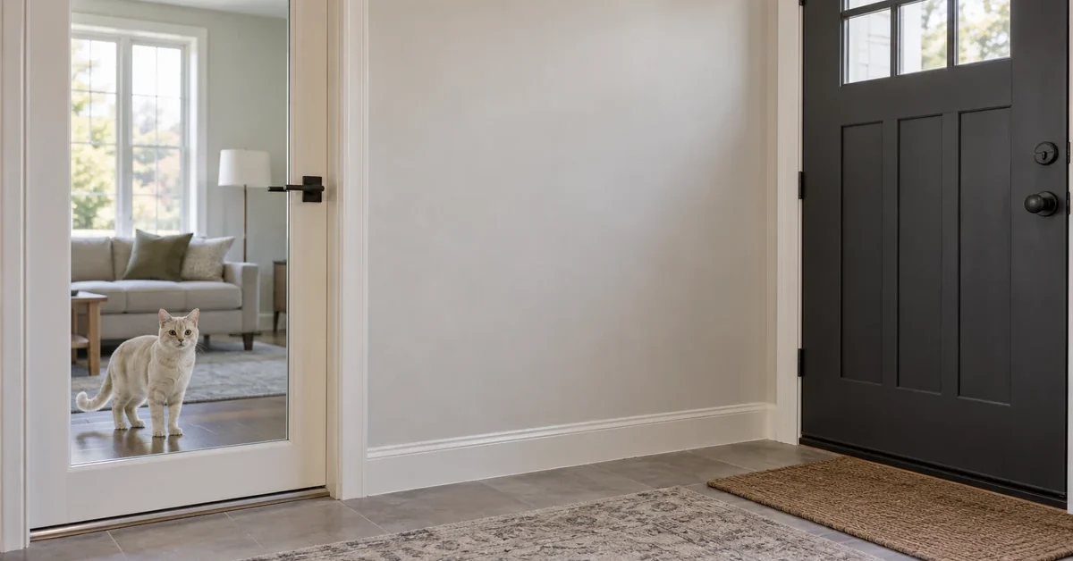 Cream cat standing behind a closed glass interior door beside an entrance hall with a closed front door.