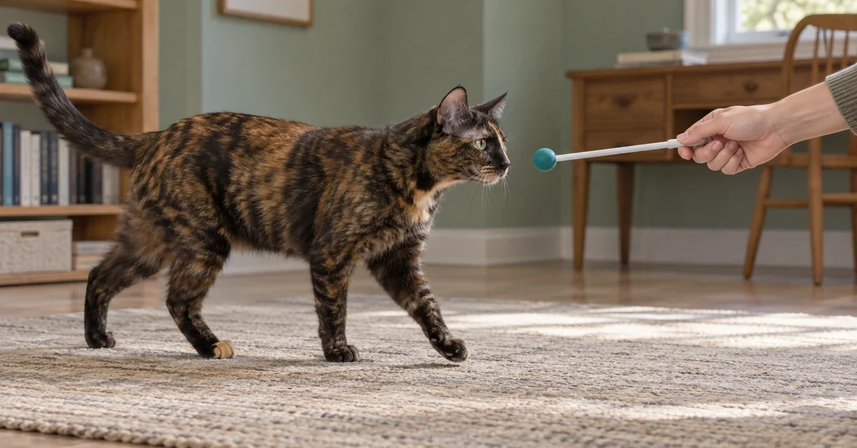 Tortoiseshell cat taking a step toward a rounded target held at nose height on a clear rug.