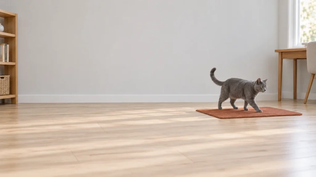 Blue-gray cat walking onto a flat rust-colored mat in a quiet study.