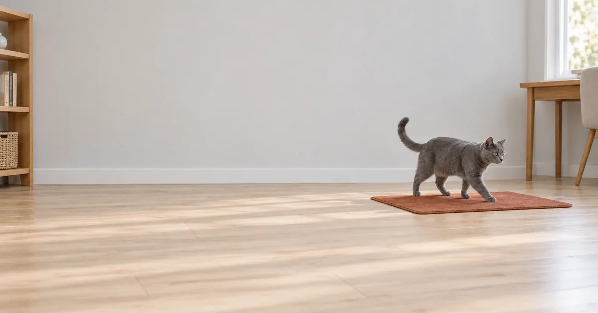 Blue-gray cat walking onto a flat rust-colored mat in a quiet study.