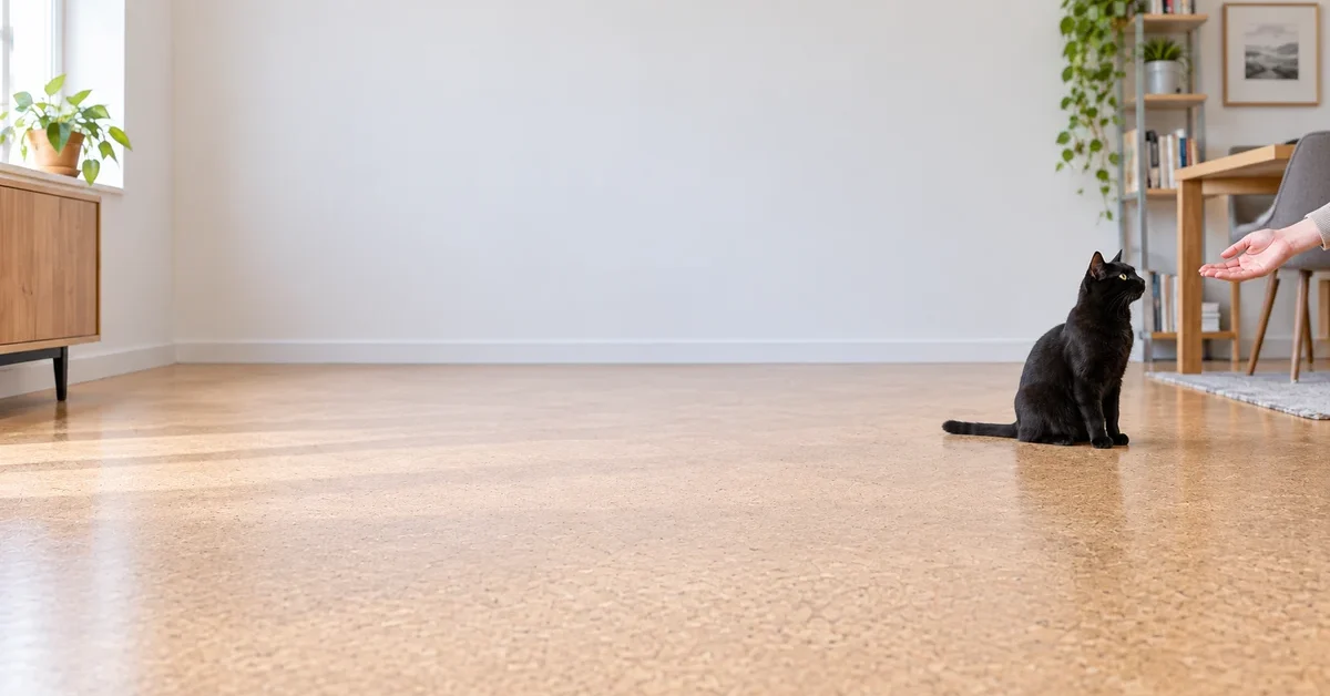 Black cat sitting on a pale cork floor and looking toward a relaxed empty hand in a study.