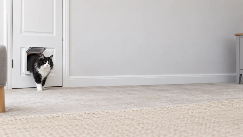 Black-and-white longhaired cat stepping through a raised cat flap in a closed interior door.