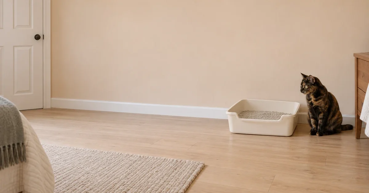 Tortoiseshell cat sitting beside an open cream litter tray in a quiet guest room with a closed door.