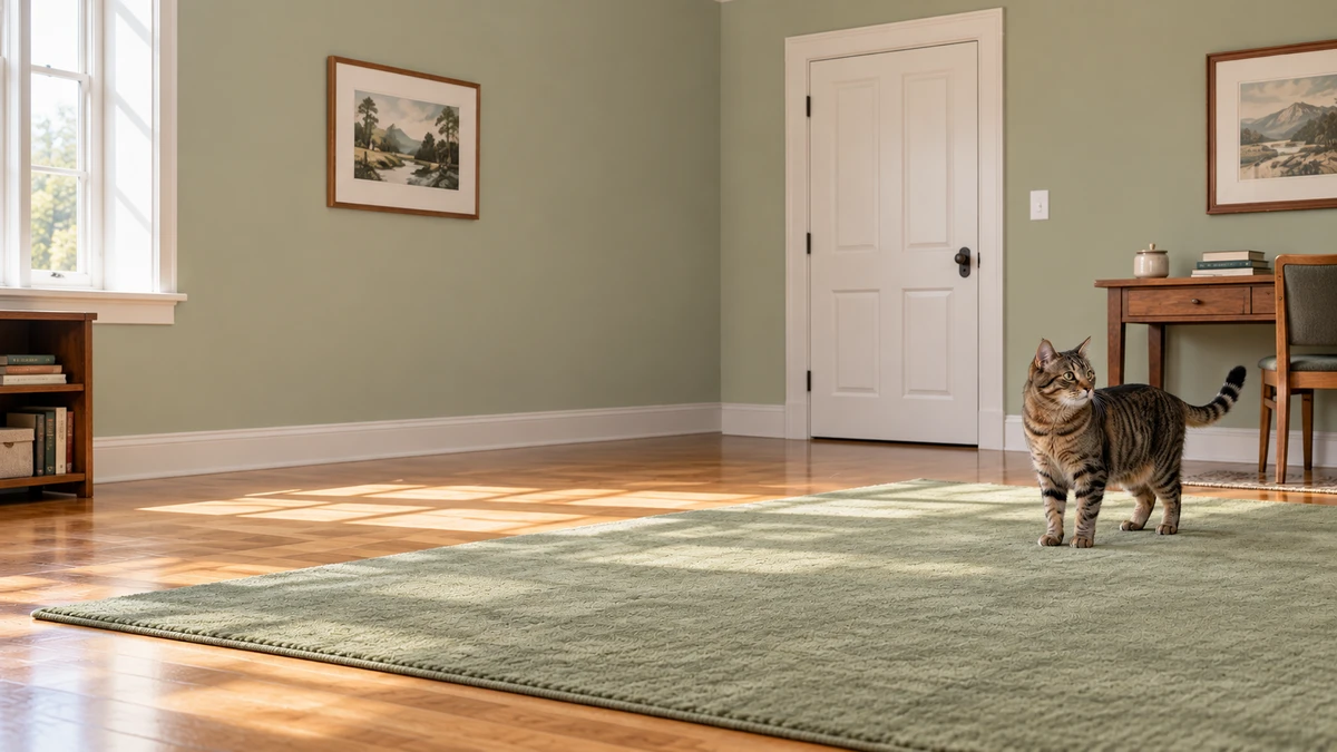 Brown tabby standing on a sage-green mat in a quiet study with the door closed.