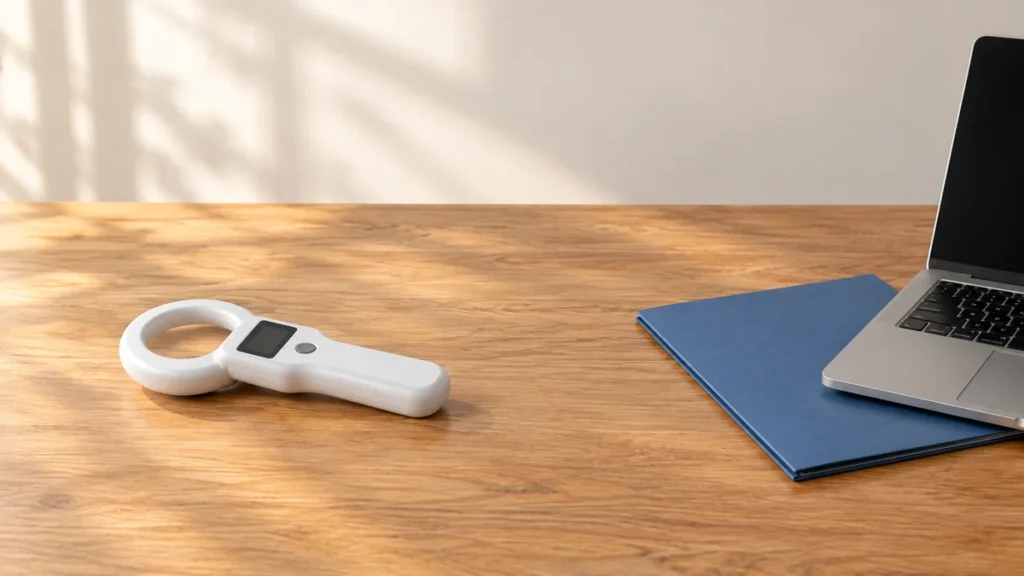 White handheld microchip scanner on a wooden desk beside a closed blue folder and an open laptop.